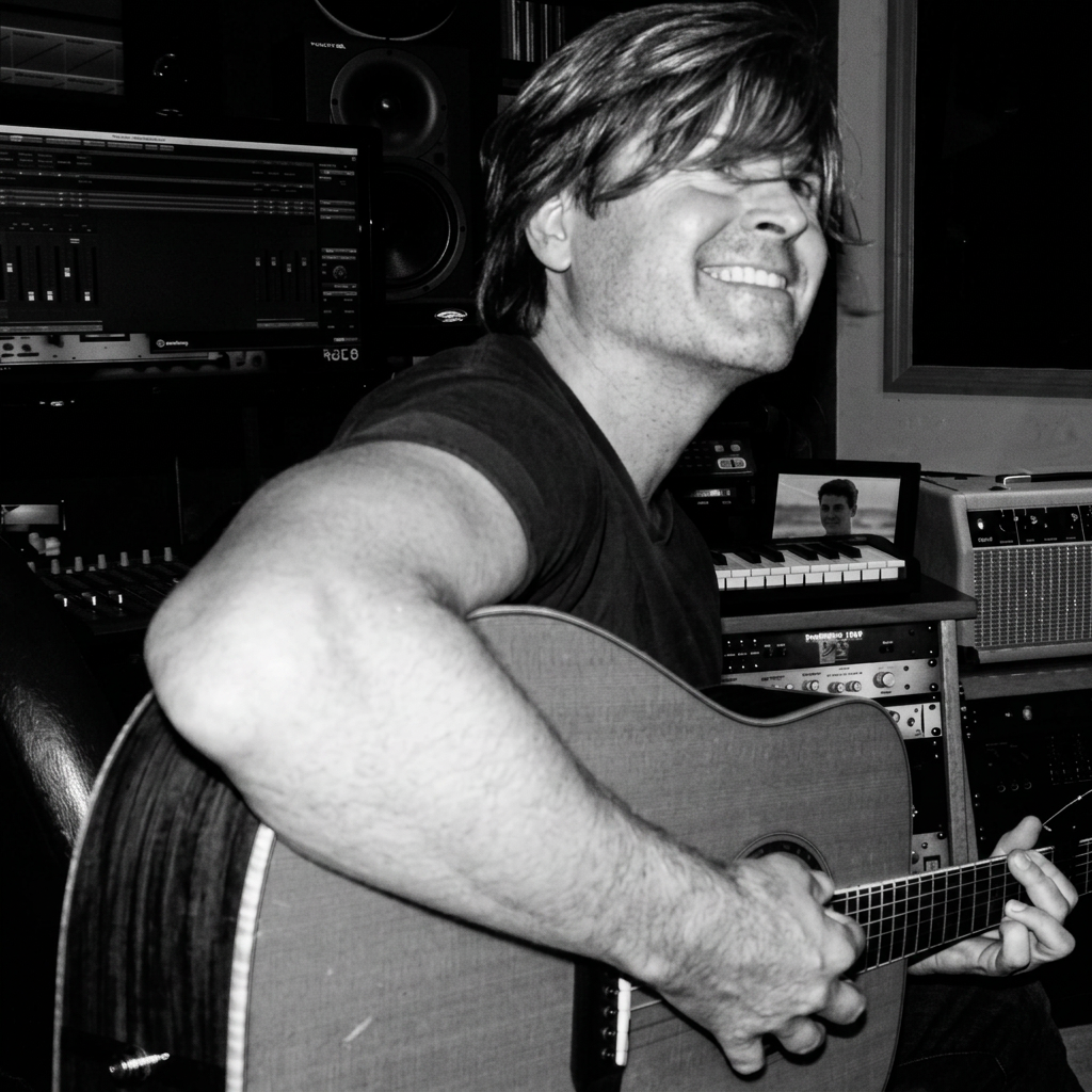 Woody Bradshaw playing guitar in the studio
