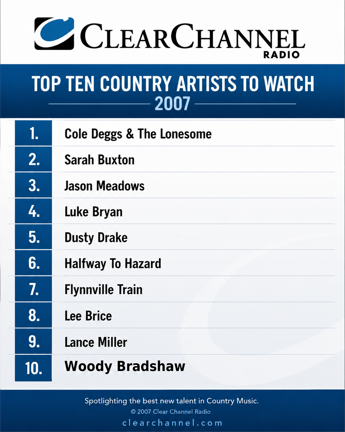 Clear Channel Radio Top Ten Country Artists to Watch 2007 featuring Woody Bradshaw